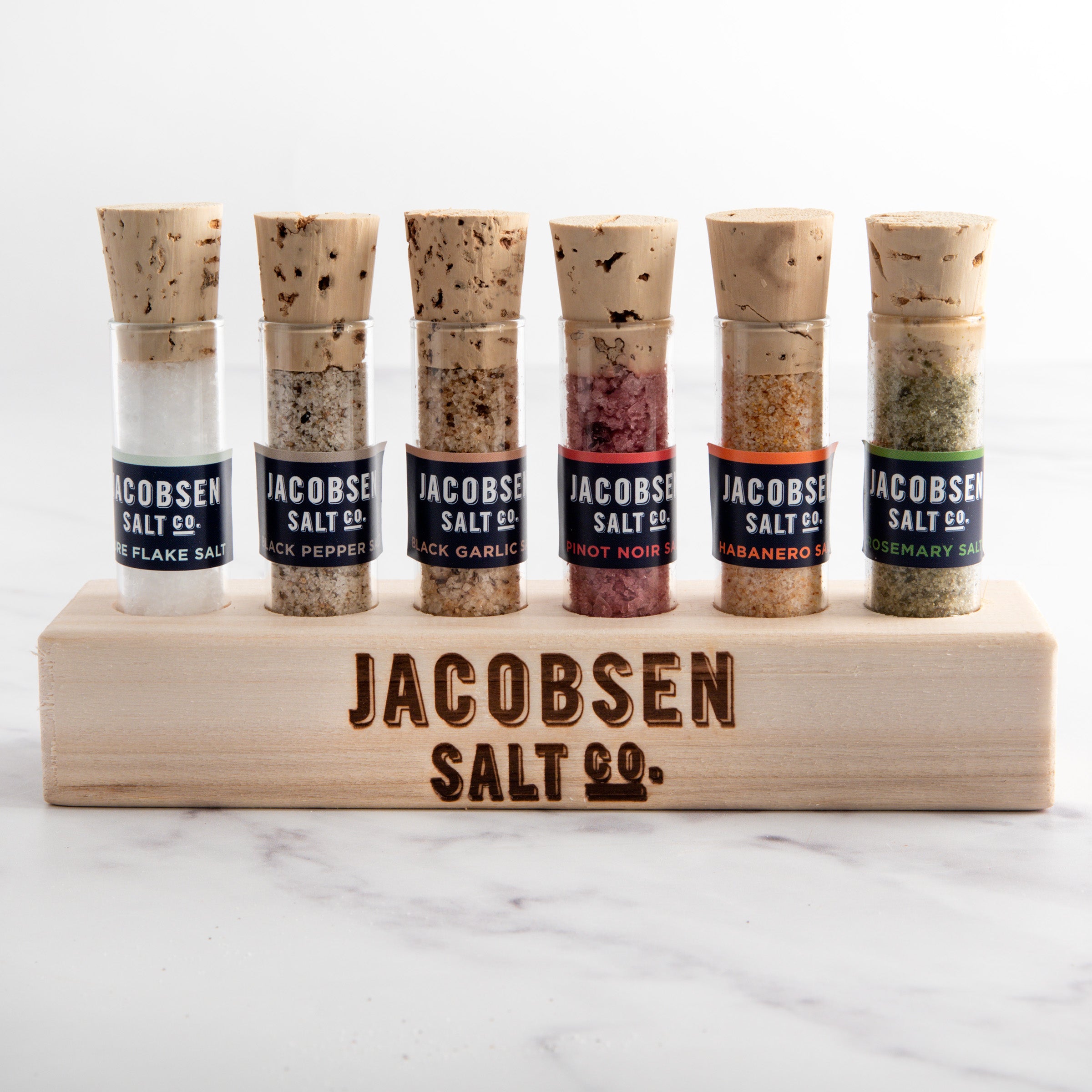  Jacobsen Salt Co. 6 Vial Infused Salt Set with branded wooden  stand : Grocery & Gourmet Food
